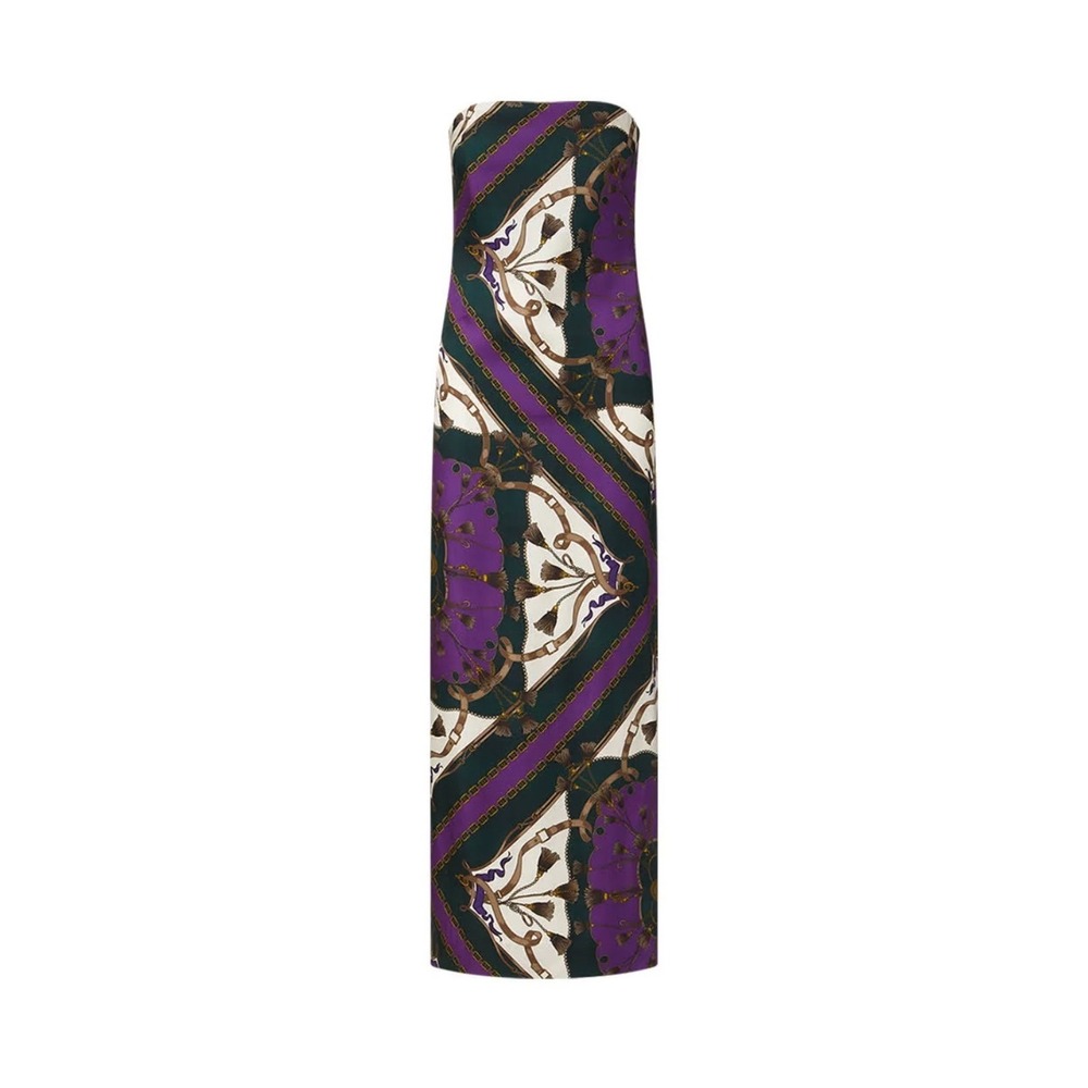 Veronica Beard Silk Blend Strapless Maxi Dress Chain Scarf Print Purple Green 4 - Picture 3 of 10